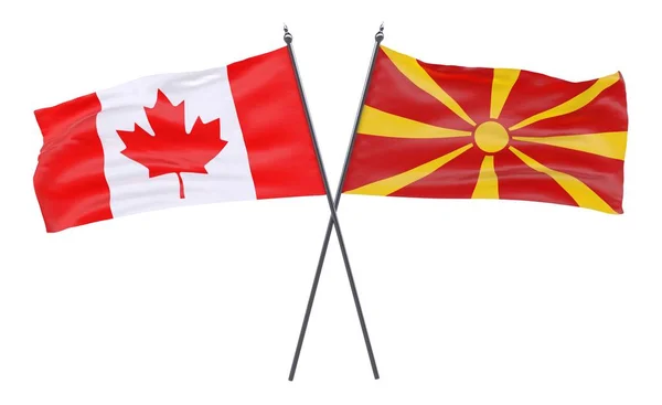 加拿大和马其顿 两个交叉的旗帜在白色背景下被隔离 — 图库照片