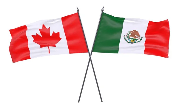 加拿大和墨西哥两个在白色背景下交叉的旗帜 — 图库照片