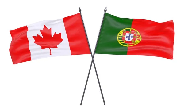 Kanada Portekiz Iki Beyaz Arka Plan Üzerinde Izole Bayrakları Geçti — Stok fotoğraf