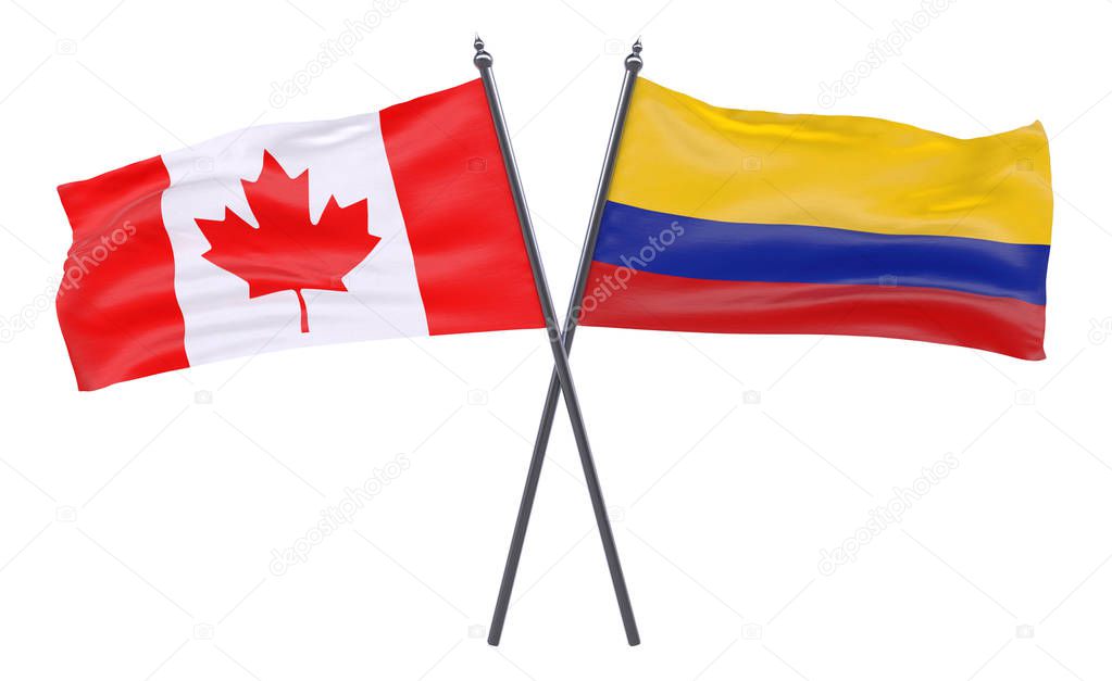 Canada and colombia, two crossed flags isolated on white background