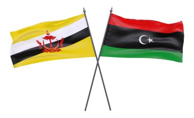 Brunei ve libia, iki beyaz arka plan üzerinde izole bayrakları geçti