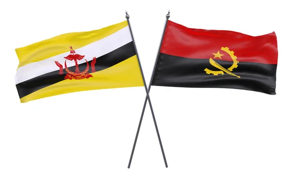 Brunei Angola Twee Gekruiste Vlaggen Geïsoleerd Witte Achtergrond — Stockfoto