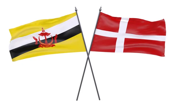 Brunei Denmark Duas Bandeiras Cruzadas Isoladas Fundo Branco — Fotografia de Stock
