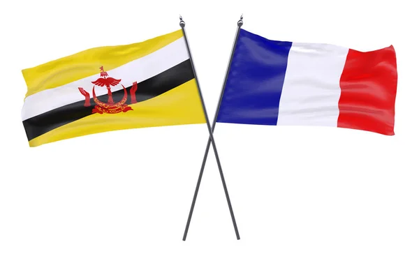 Brunei França Duas Bandeiras Cruzadas Isoladas Fundo Branco — Fotografia de Stock