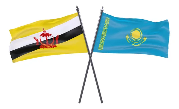 Бруней Казахстан Два Скрещенных Флага Белом Фоне — стоковое фото