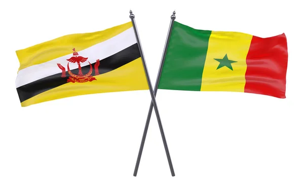 Brunei Och Senegal Två Korsade Flaggor Isolerad Vit Bakgrund — Stockfoto