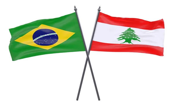 Brazílie Libanon Dva Překřížené Příznaky Izolované Bílém Pozadí — Stock fotografie