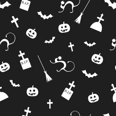 Halloween pumpkins, kara kediler ve cadı süpürgeler ile seamless modeli. Vektör çizim