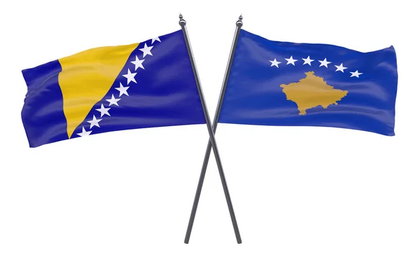 Bosna Hersek Kosova Iki Beyaz Arka Plan Üzerinde Izole Bayrakları — Stok fotoğraf