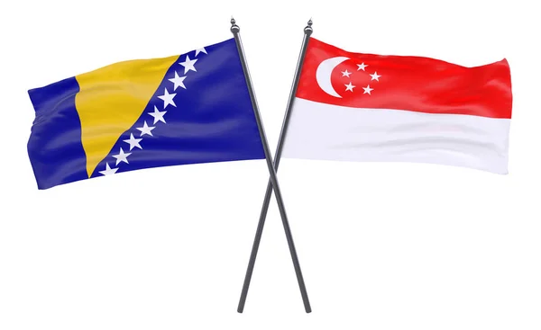 Bosnia Herzegovina Singapore Two Crossed Flags Isolated White Background — Stock Photo, Image