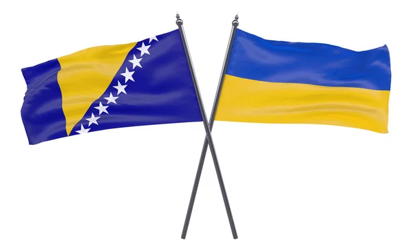 Bosna Hersek Ukrayna Iki Beyaz Arka Plan Üzerinde Izole Bayrakları — Stok fotoğraf