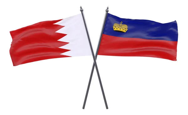 Bahrein Liechtenstein Duas Bandeiras Cruzadas Isoladas Sobre Fundo Branco — Fotografia de Stock