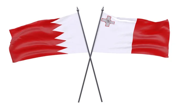 Bahrein Malta Duas Bandeiras Cruzadas Isoladas Sobre Fundo Branco — Fotografia de Stock