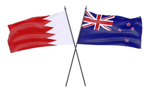 Bahrajn Novém Zélandu Dva Překřížené Příznaky Izolované Bílém Pozadí — Stock fotografie