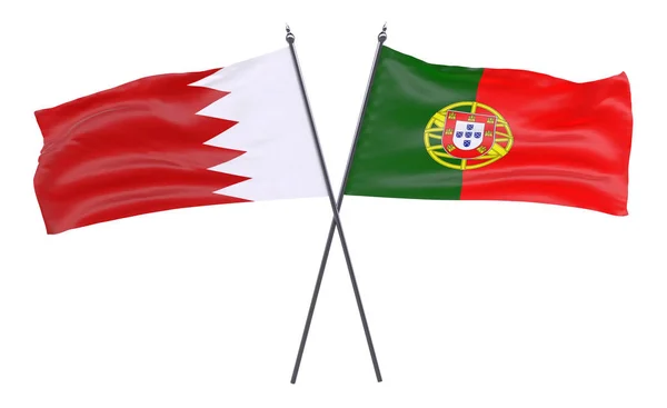 Bahrain Portugal Two Crossed Flags Isolated White Background — Stock Photo, Image