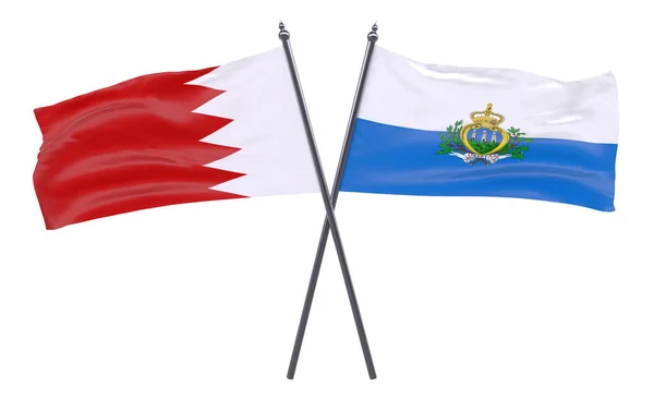 Bahrajn San Marino Dva Překřížené Příznaky Izolované Bílém Pozadí — Stock fotografie
