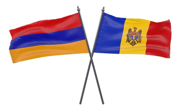 Αρμενία Και Μολδαβία Δύο Διέσχισε Σημαίες Που Απομονώνονται Λευκό Φόντο — Φωτογραφία Αρχείου