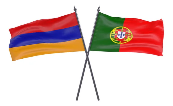 Αρμενία Και Την Πορτογαλία Δύο Διέσχισε Σημαίες Που Απομονώνονται Λευκό — Φωτογραφία Αρχείου