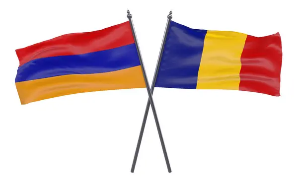 Αρμενία Και Ρουμανία Δύο Διέσχισε Σημαίες Που Απομονώνονται Λευκό Φόντο — Φωτογραφία Αρχείου