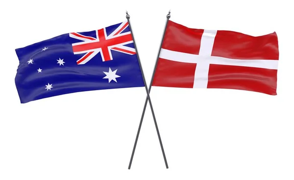 Austrálie Dánsko Dva Překřížené Příznaky Izolované Bílém Pozadí — Stock fotografie