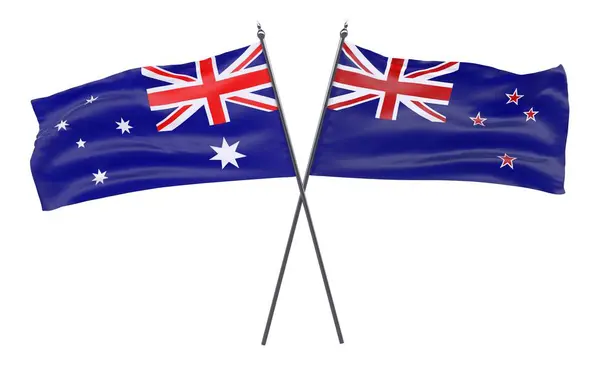 Austrálie Nový Zéland Dva Překřížené Příznaky Izolované Bílém Pozadí — Stock fotografie