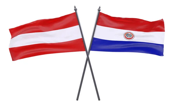 Αυστρία Και Παραγουάη Δύο Διέσχισε Σημαίες Που Απομονώνονται Λευκό Φόντο — Φωτογραφία Αρχείου