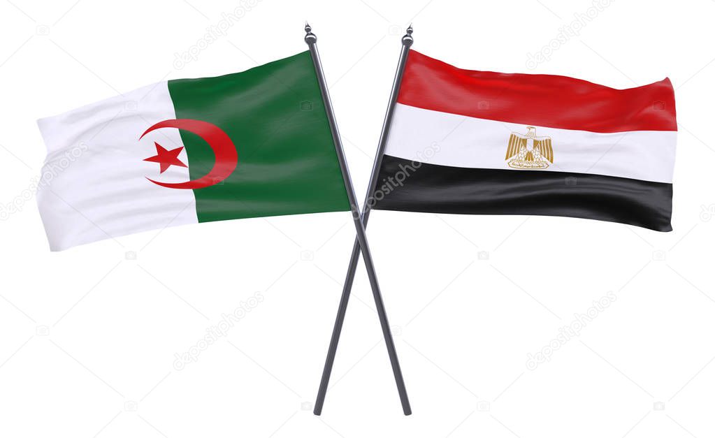 algeria and egypt, two crossed flags isolated on white background