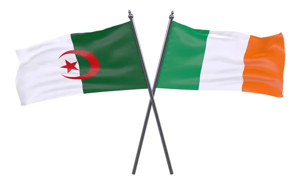 Algerien Und Irland Zwei Gekreuzte Flaggen Auf Weißem Hintergrund — Stockfoto