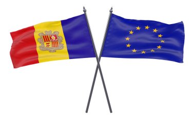 İki beyaz arka plan üzerinde izole bayrakları Andorra ve Avrupa Birliği, geçti