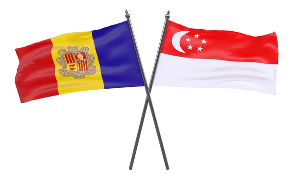 Ανδόρα Και Σιγκαπούρη Δύο Διέσχισε Σημαίες Που Απομονώνονται Λευκό Φόντο — Φωτογραφία Αρχείου
