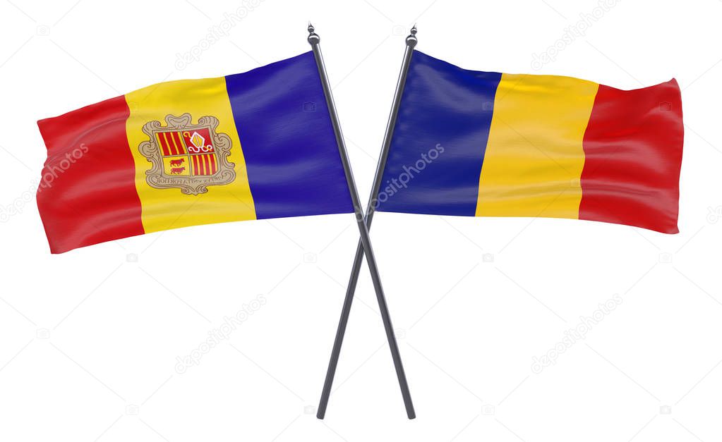 Andorra and Romania, two crossed flags isolated on white background