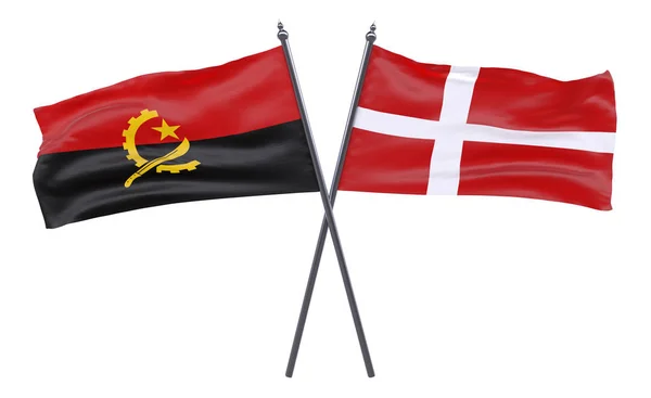 Angola Denemarken Twee Gekruiste Vlaggen Geïsoleerd Witte Achtergrond — Stockfoto