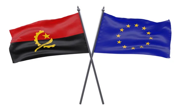 Angola Och Europeiska Unionen Två Korsade Flaggor Isolerad Vit Bakgrund — Stockfoto