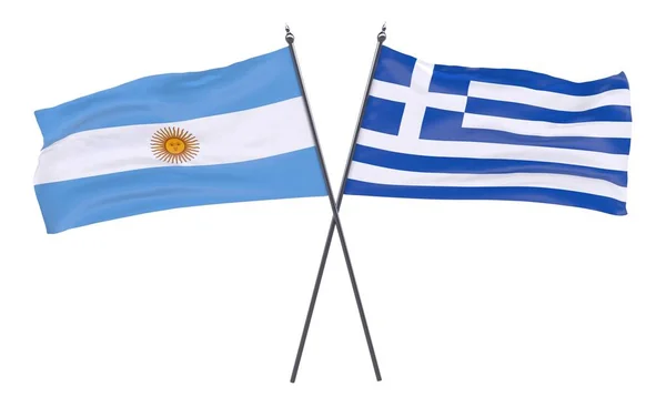 Argentinië Griekenland Twee Gekruiste Vlaggen Geïsoleerd Witte Achtergrond — Stockfoto