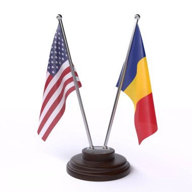 ABD ve Romanya, iki beyaz arka plan üzerinde izole bayrakları masa. 3D görüntü