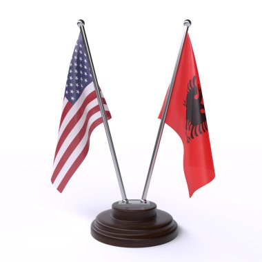 ABD ve Arnavutluk, iki beyaz arka plan üzerinde izole bayrakları masa. 3D görüntü