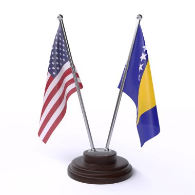 ABD ve Bosna-Hersek, beyaz arka plan üzerinde izole iki Masa bayrakları. 3D görüntü