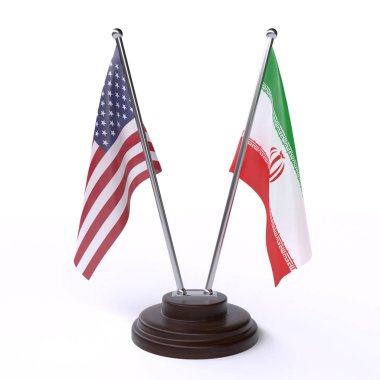 ABD ve Iran, iki beyaz arka plan üzerinde izole bayrakları masa. 3D görüntü
