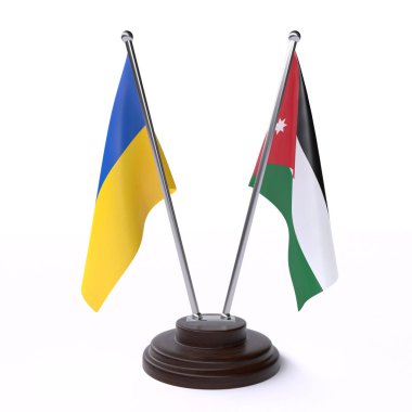 Ukrayna ve Ürdün, iki beyaz arka plan üzerinde izole bayrakları masa. 3D görüntü