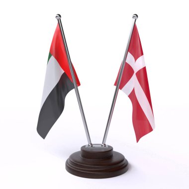 Birleşik Arap Emirlikleri ve Danimarka, iki beyaz arka plan üzerinde izole bayrakları masa. 3D görüntü 