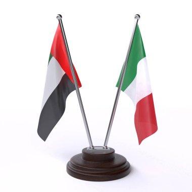 Birleşik Arap Emirlikleri ve İtalya, iki beyaz arka plan üzerinde izole bayrakları masa. 3D görüntü 