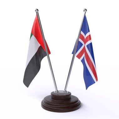 Birleşik Arap Emirlikleri ve İzlanda, iki beyaz arka plan üzerinde izole bayrakları masa. 3D görüntü 