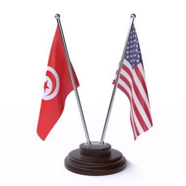 Tunus ve ABD, iki beyaz arka plan üzerinde izole bayrakları masa. 3D görüntü