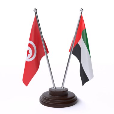 Tunus ve BAE, iki beyaz arka plan üzerinde izole bayrakları masa. 3D görüntü