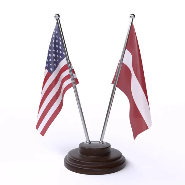 Abd Letonya Iki Beyaz Arka Plan Üzerinde Izole Bayrakları Masa — Stok fotoğraf
