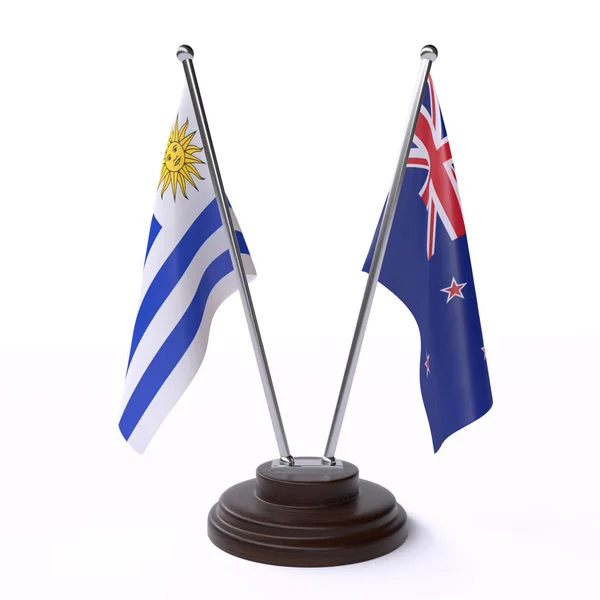 Uruguay Nouvelle Zélande Deux Drapeaux Table Isolés Sur Fond Blanc — Photo