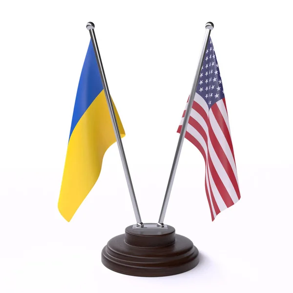 Ukrayna ve ABD, iki beyaz arka plan üzerinde izole bayrakları masa. 3D görüntü