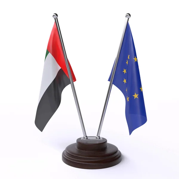 Emiratos Árabes Unidos Unión Europea Dos Banderas Mesa Aisladas Sobre —  Fotos de Stock