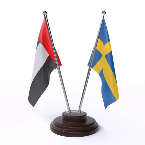 Emiratos Árabes Unidos Suecia Dos Banderas Mesa Aisladas Sobre Fondo —  Fotos de Stock