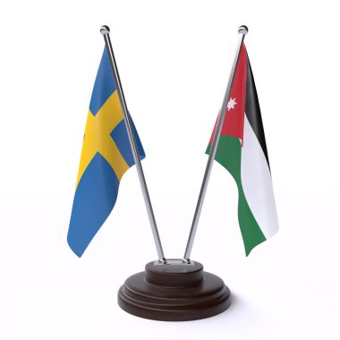 İsveç ve Jordan, iki beyaz arka plan üzerinde izole bayrakları masa. 3D görüntü 